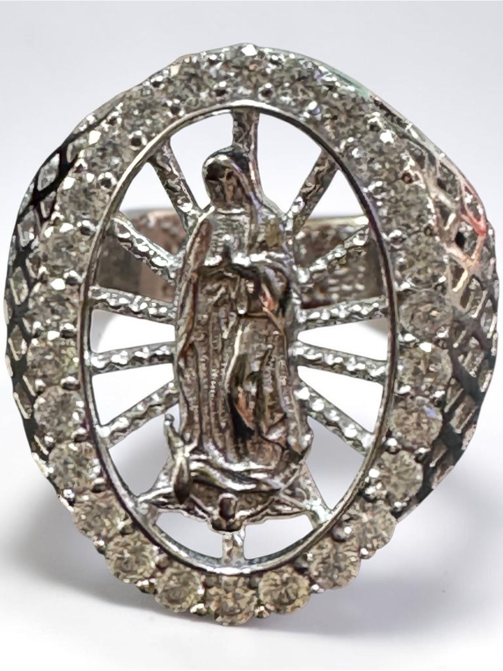 Silver-Tone Miraculous Virgin Mary Ring with Clear CZS Accents. Size 7